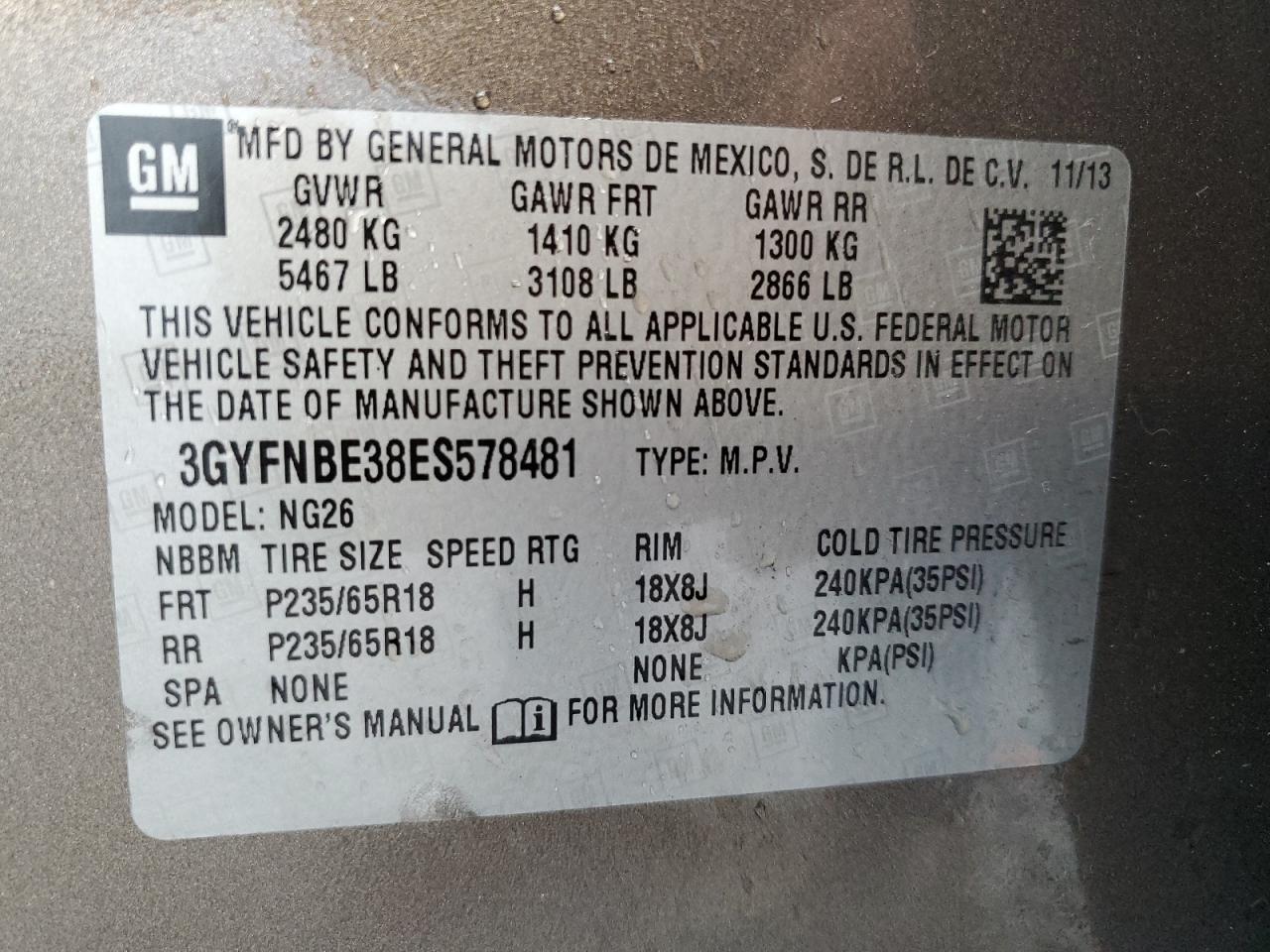 VIN 3GYFNBE38ES578481 2014 CADILLAC SRX no.13