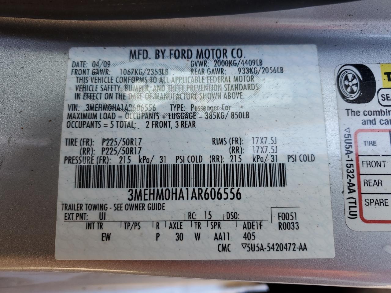 2010 Mercury Milan VIN: 3MEHM0HA1AR606556 Lot: 84033704