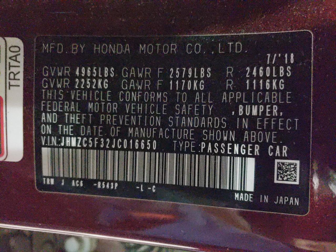 VIN JHMZC5F32JC016650 2018 HONDA CLARITY no.12