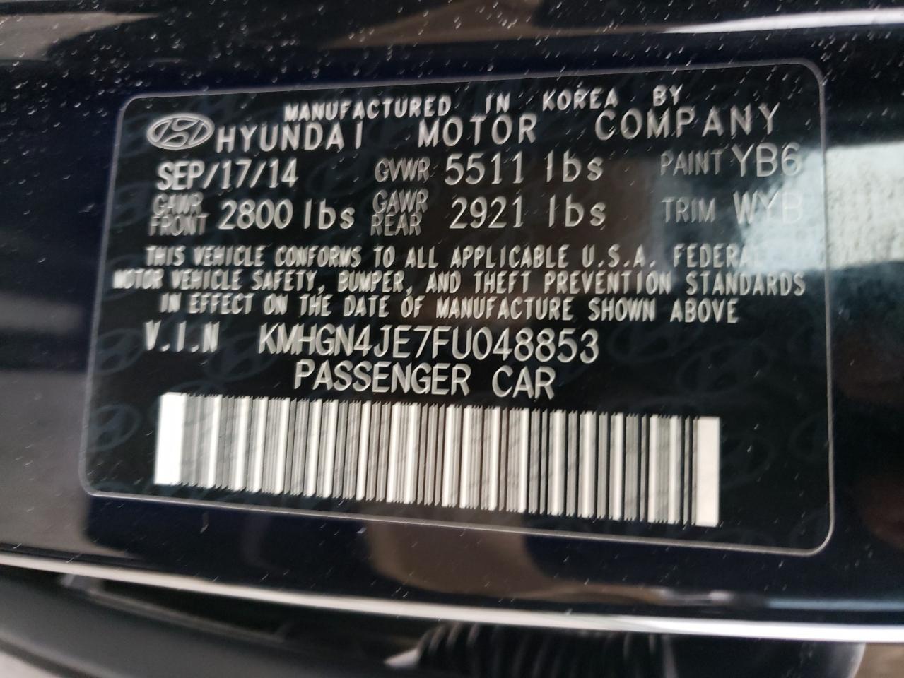 2015 Hyundai Genesis 3.8L VIN: KMHGN4JE7FU048853 Lot: 85131584