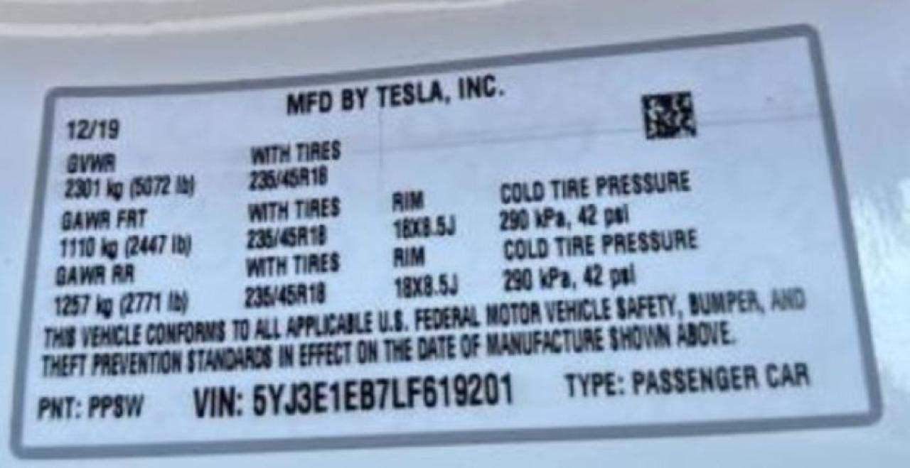 2020 Tesla Model 3 VIN: 5YJ3E1EB7LF619201 Lot: 85805584