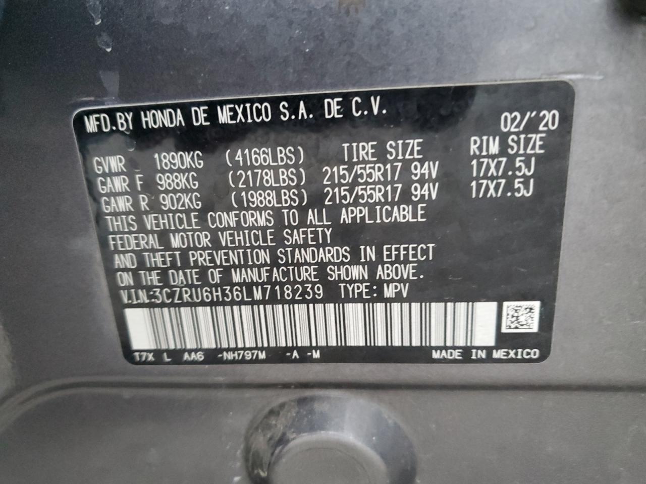 2020 Honda Hr-V Lx VIN: 3CZRU6H36LM718239 Lot: 84341384