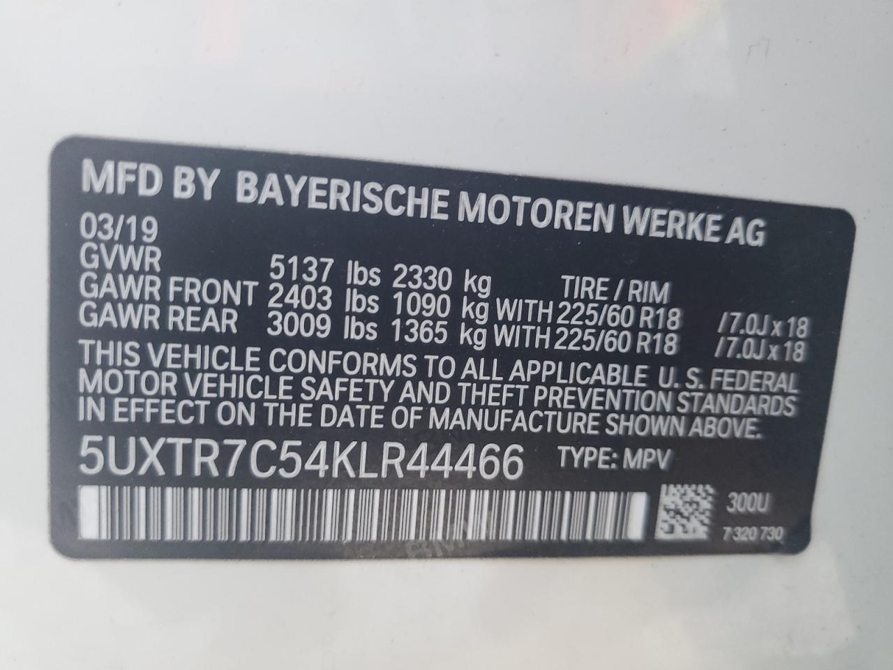 VIN 5UXTR7C54KLR44466 2019 BMW X3 no.14