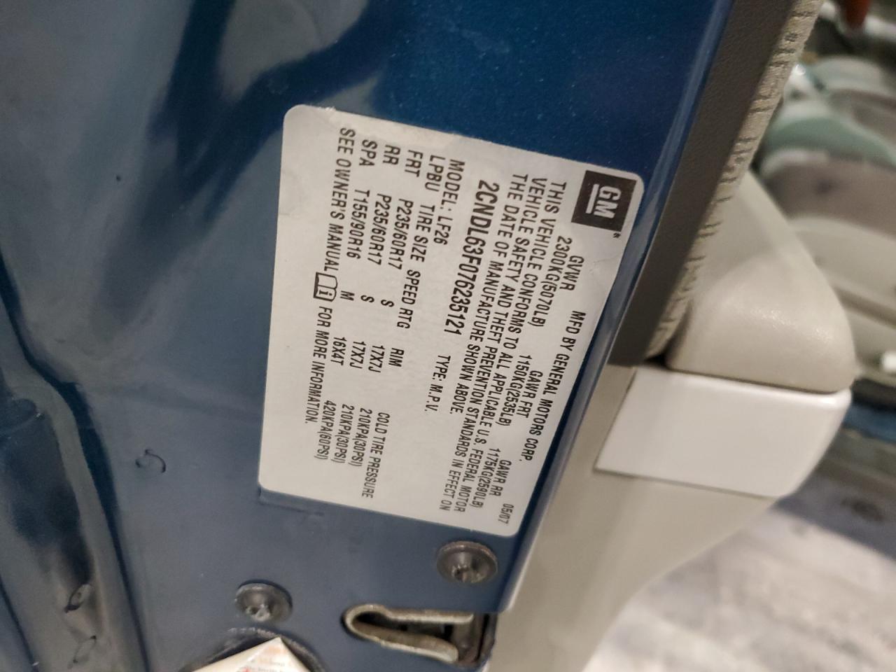 2007 Chevrolet Equinox Lt VIN: 2CNDL63F076235121 Lot: 87380244