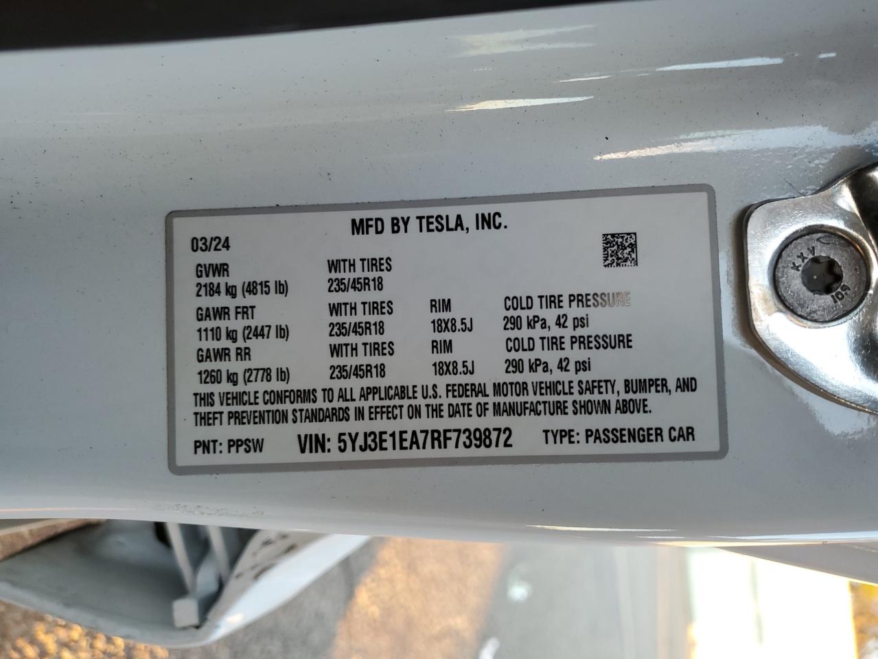 2024 Tesla Model 3 VIN: 5YJ3E1EA7RF739872 Lot: 83463394