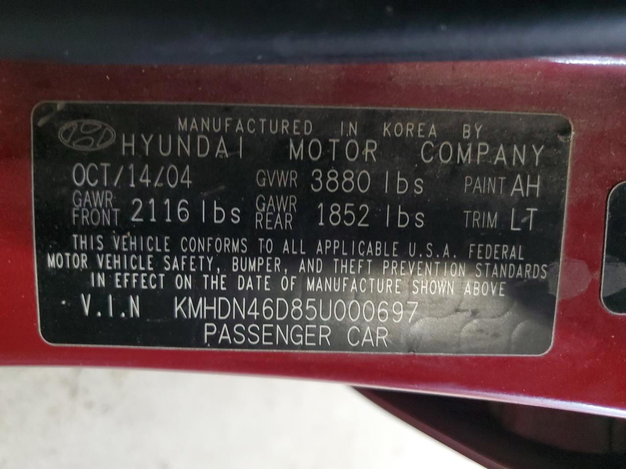2005 Hyundai Elantra Gls VIN: KMHDN46D85U00069 Lot: 83908664