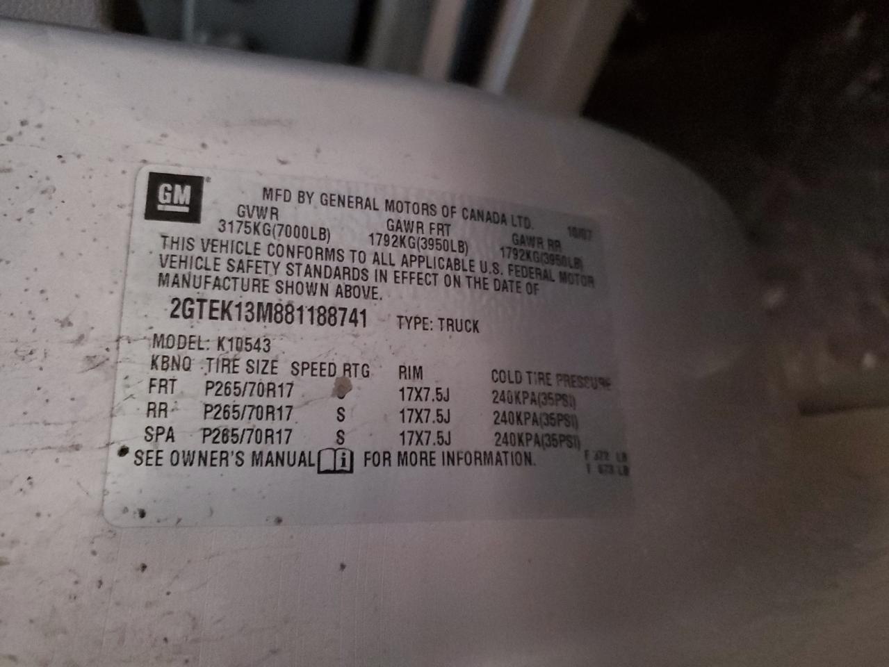 2008 GMC Sierra K1500 VIN: 2GTEK13M881188741 Lot: 86404504