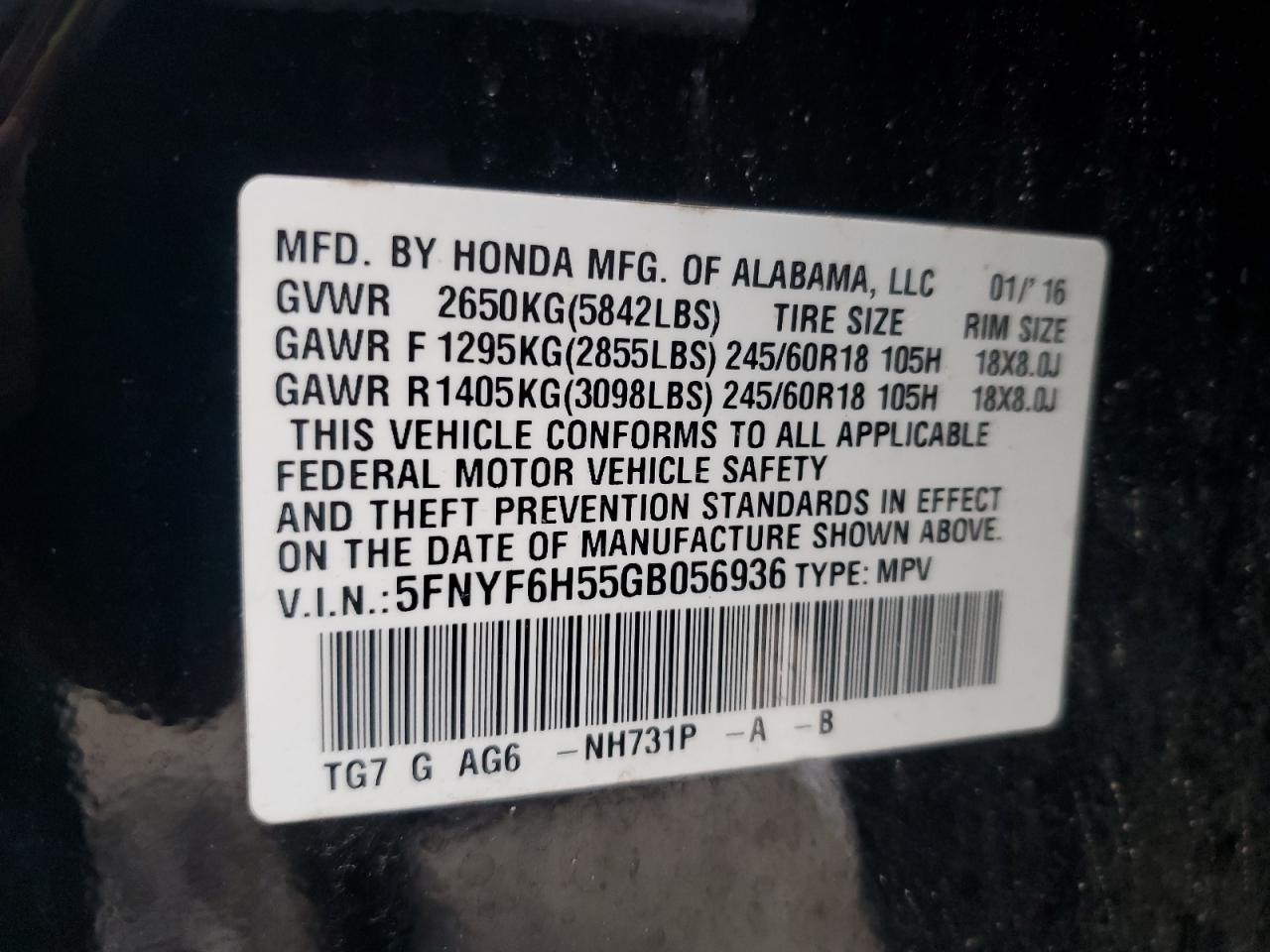 VIN 5FNYF6H55GB056936 2016 HONDA PILOT no.13