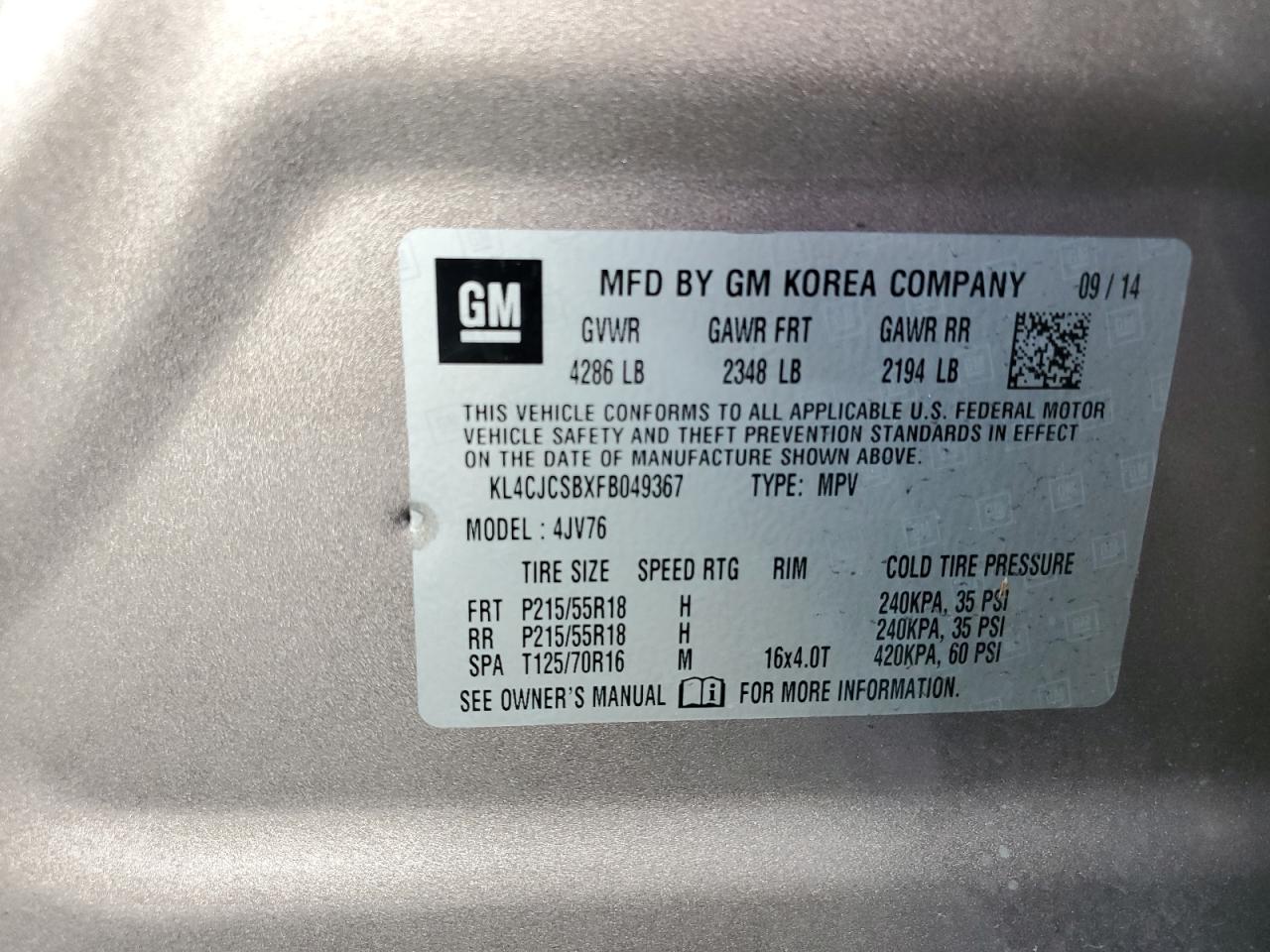 VIN KL4CJCSBXFB049367 2015 BUICK ENCORE no.13