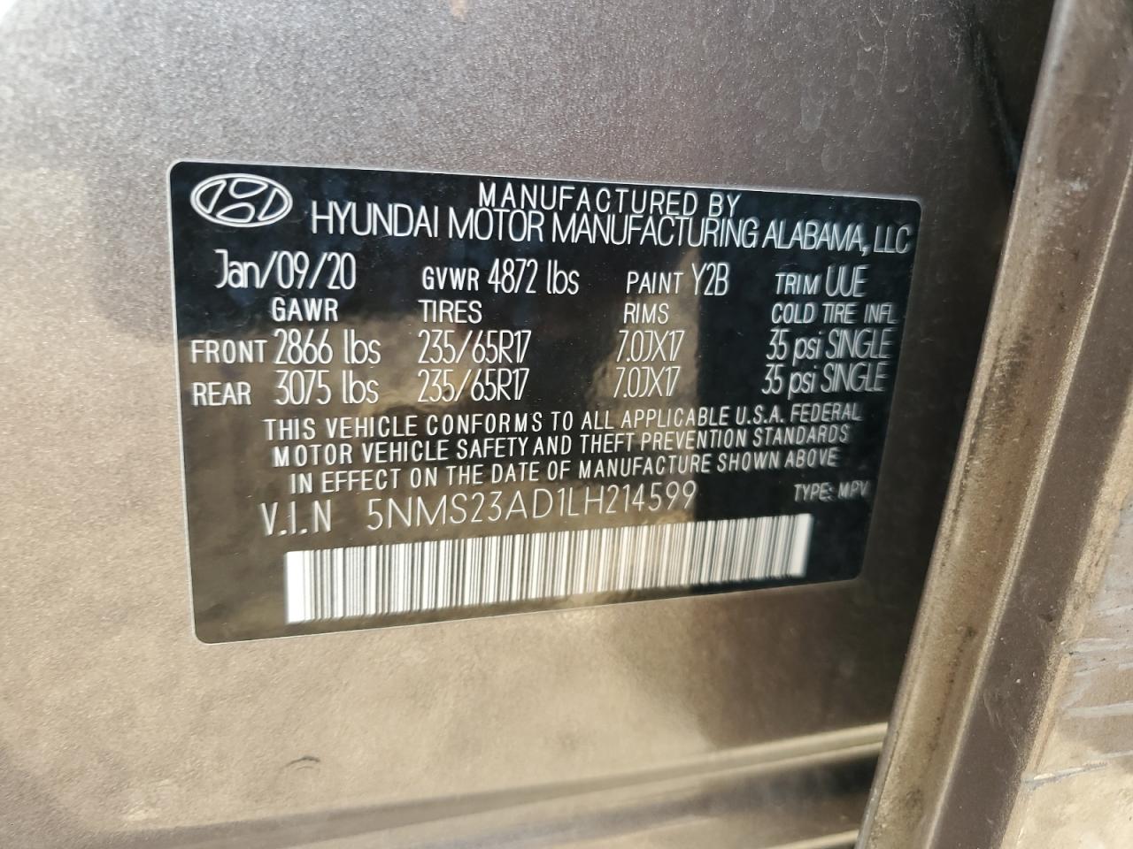 VIN 5NMS23AD1LH214599 2020 HYUNDAI SANTA FE no.14