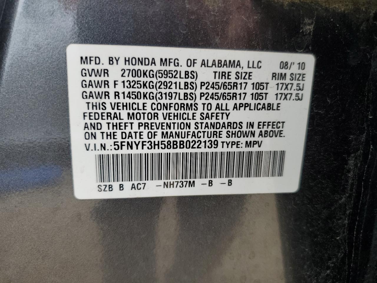2011 Honda Pilot Exl VIN: 5FNYF3H58BB022139 Lot: 85079504