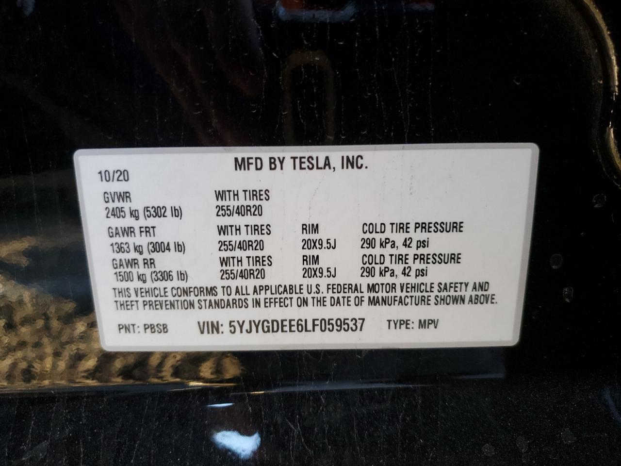 2020 Tesla Model Y VIN: 5YJYGDEE6LF059537 Lot: 85111954