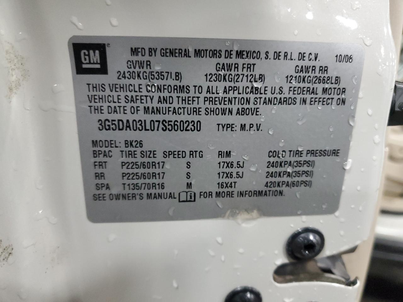 2007 Buick Rendezvous Cx VIN: 3G5DA03L07S560230 Lot: 83658724