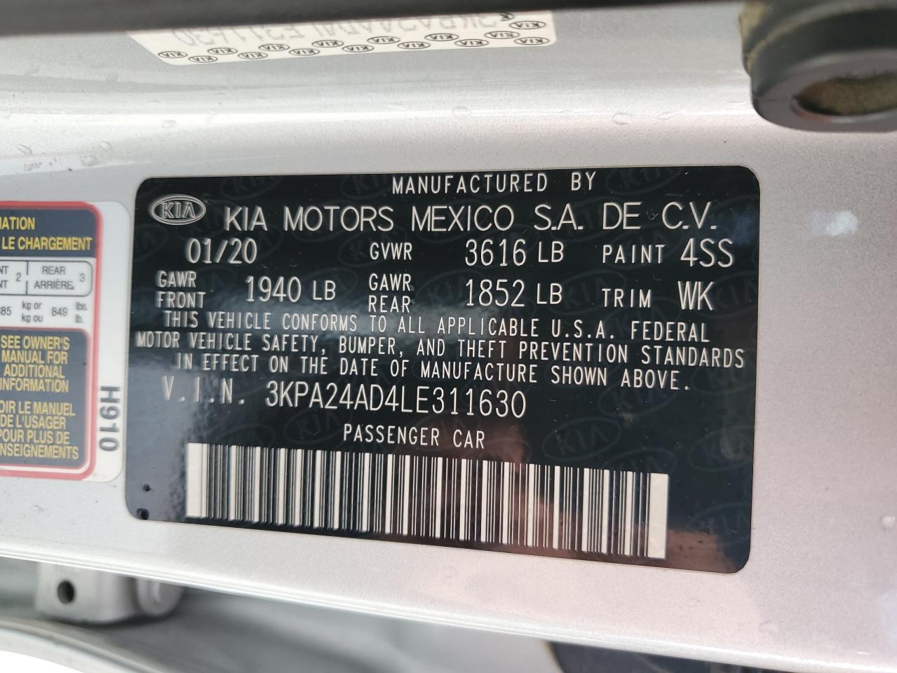 2020 Kia Rio Lx VIN: 3KPA24AD4LE311630 Lot: 85149924