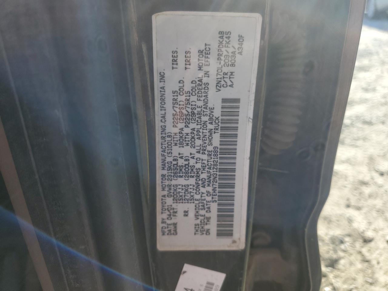 2001 Toyota Tacoma Double Cab VIN: 5TEHN72N31Z821889 Lot: 83811874