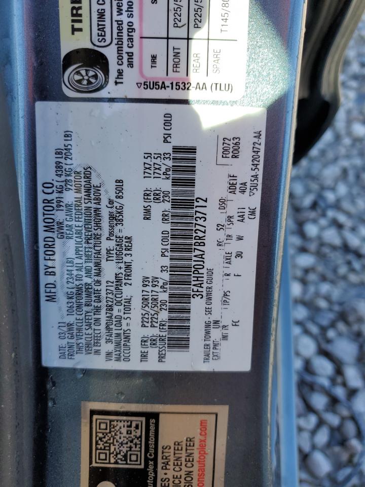 2011 Ford Fusion Sel VIN: 3FAHP0JA7BR273712 Lot: 85925334