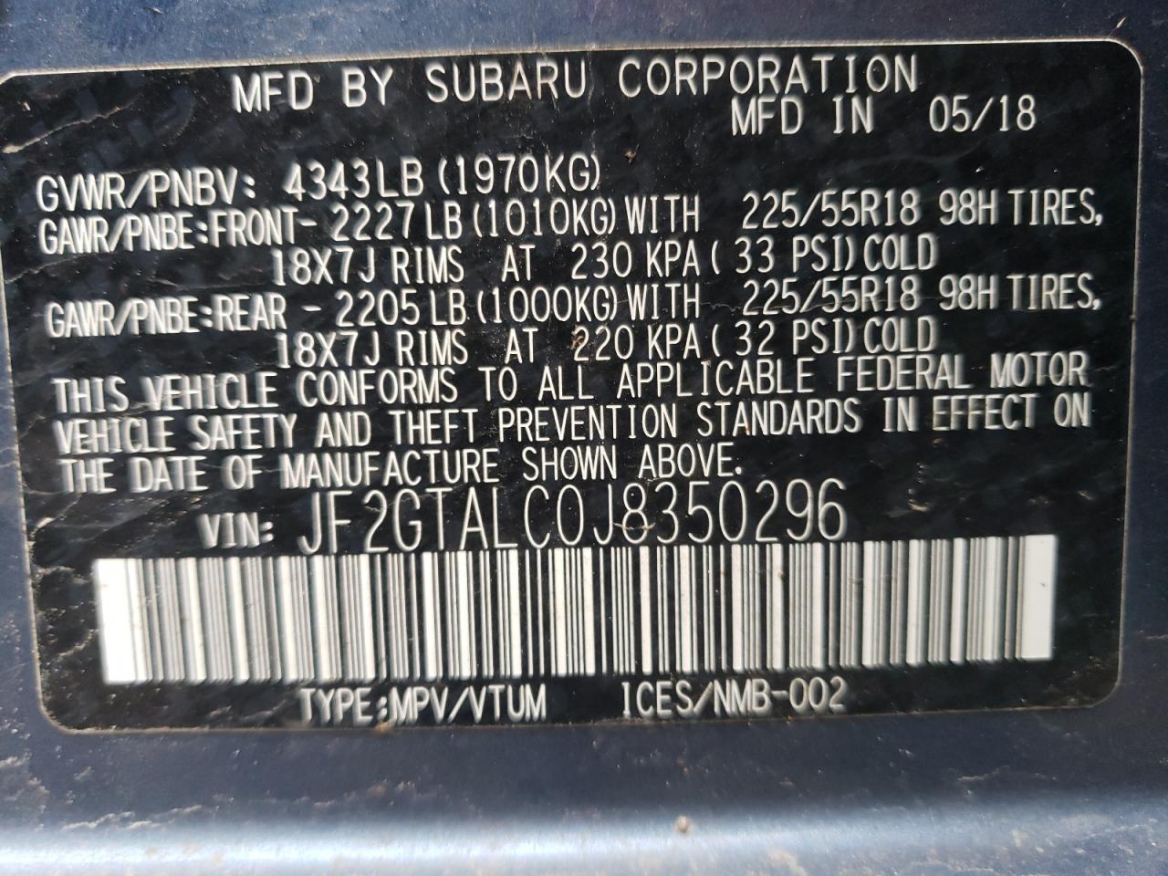 VIN JF2GTALC0J8350296 2018 SUBARU CROSSTREK no.12