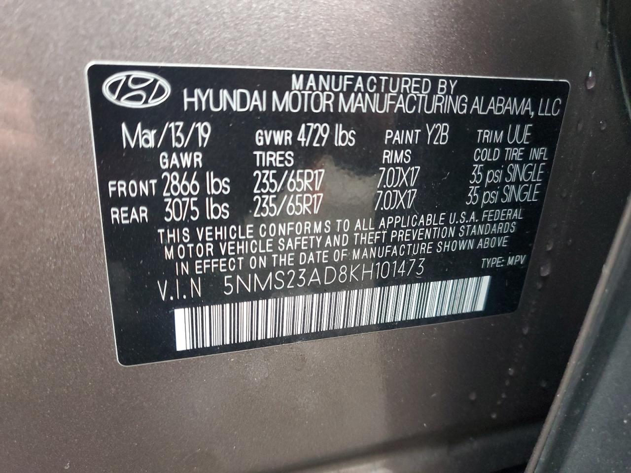 VIN 5NMS23AD8KH101473 2019 HYUNDAI SANTA FE no.13