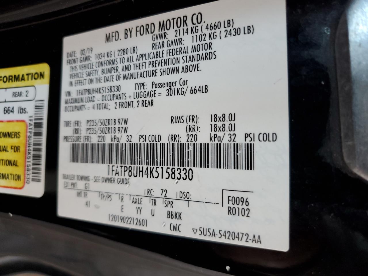 VIN 1FATP8UH4K5158330 2019 FORD ALL Models no.12