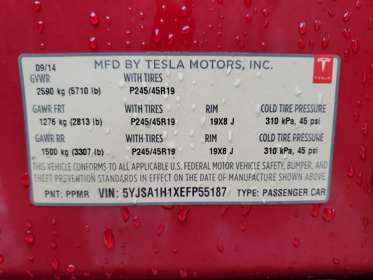 2014 Tesla Model S VIN: 5YJSA1H1XEFP55187 Lot: 84425094