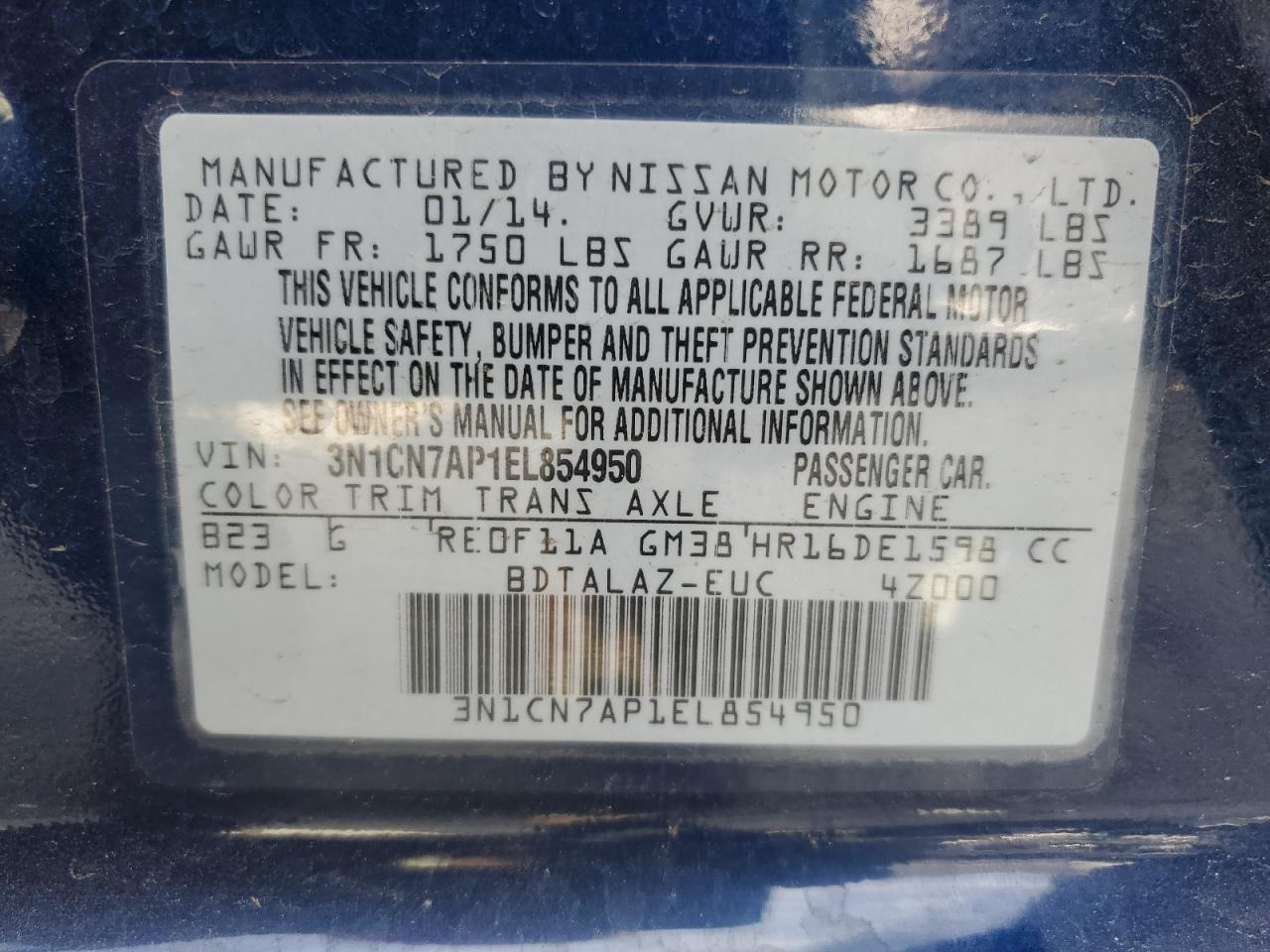 2014 Nissan Versa S VIN: 3N1CN7AP1EL854950 Lot: 86323984