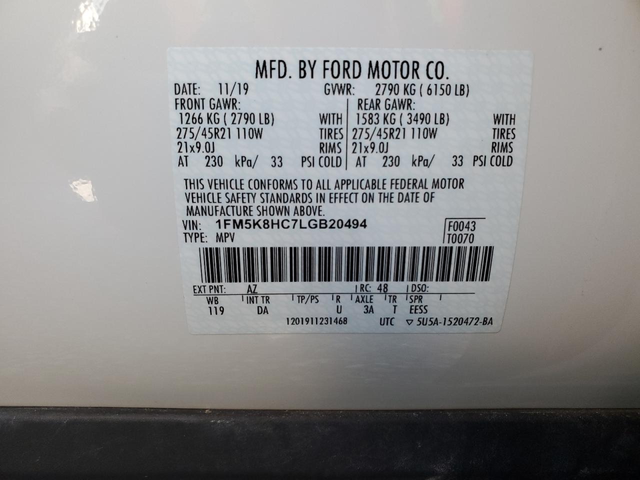 2020 Ford Explorer Platinum VIN: 1FM5K8HC7LGB20494 Lot: 83519234