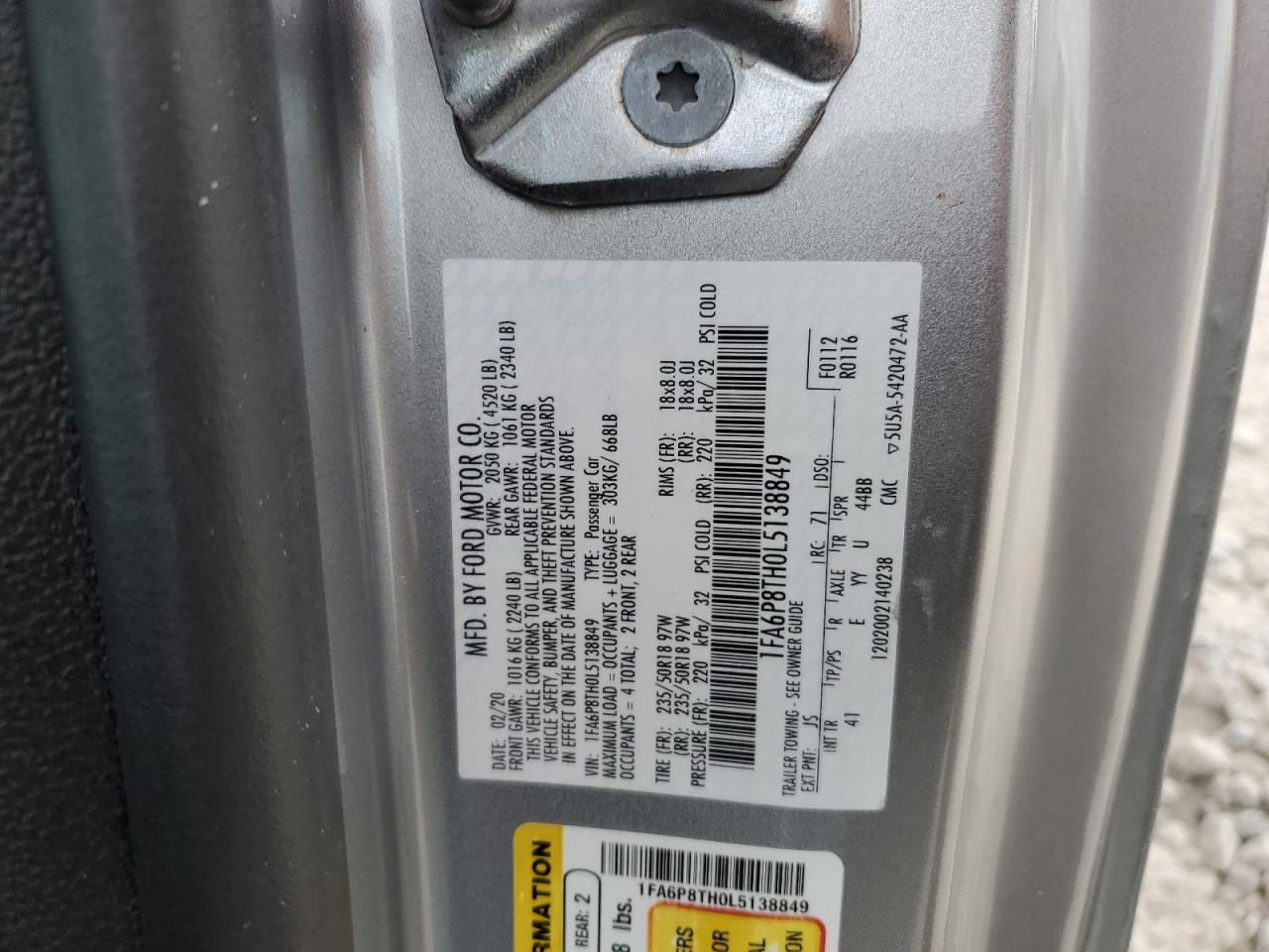 2020 Ford Mustang VIN: 1FA6P8TH0L5138849 Lot: 83732884