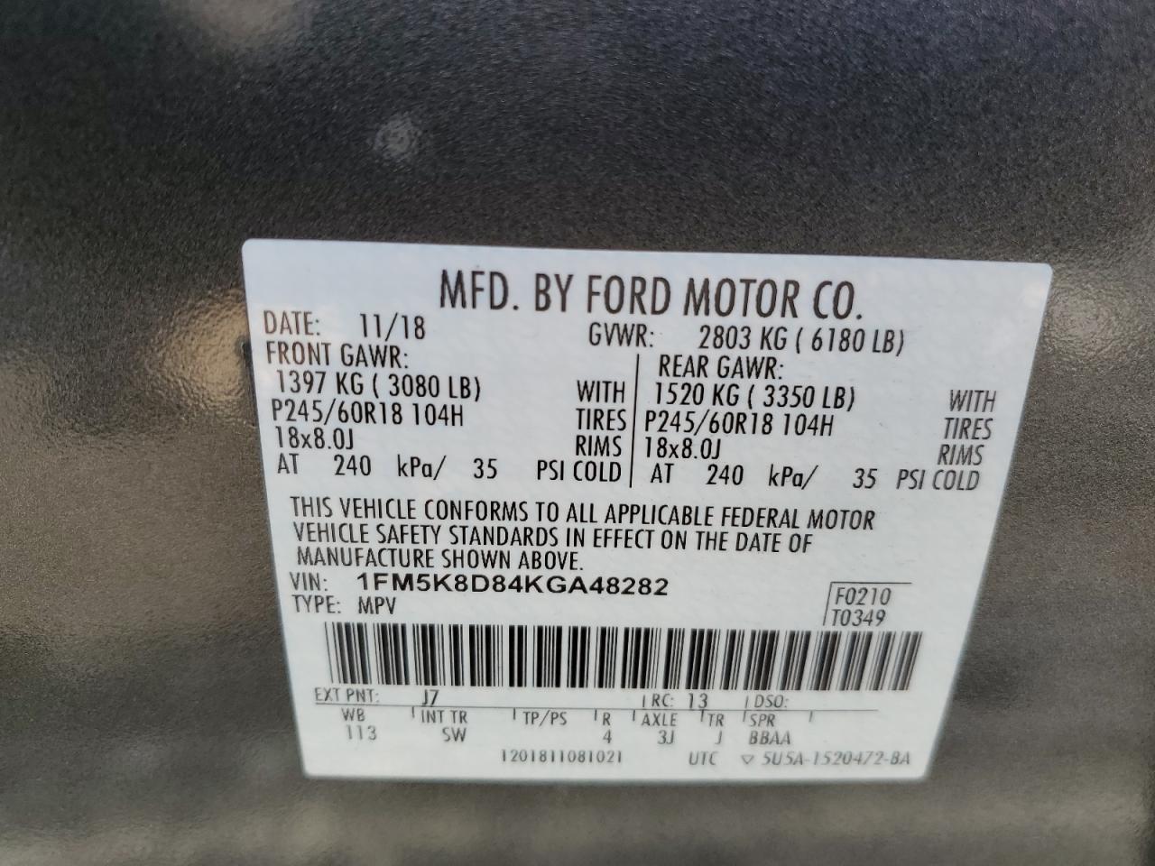 VIN 1FM5K8D84KGA48282 2019 FORD EXPLORER no.14