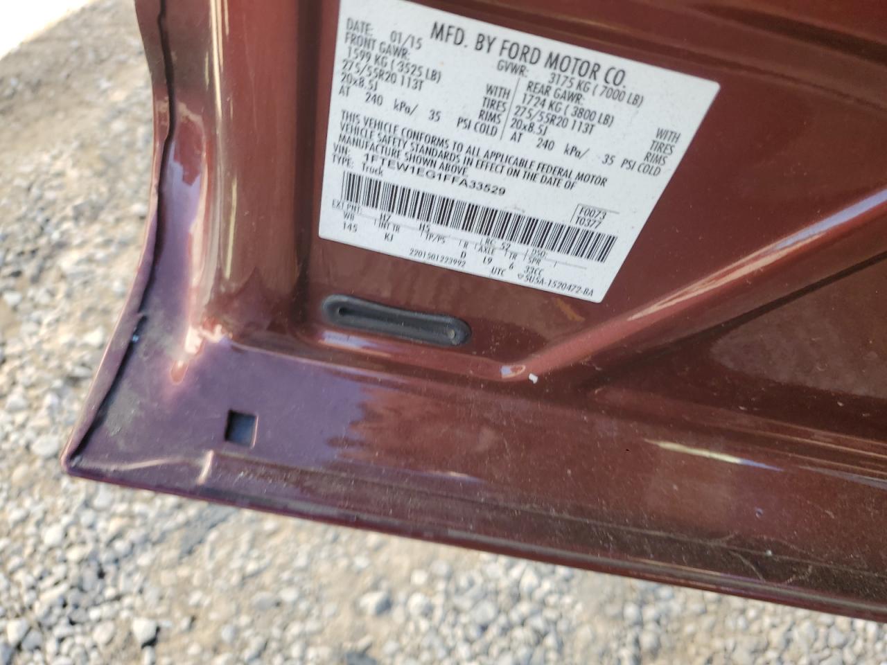 2015 Ford F150 Supercrew VIN: 1FTEW1EG1FFA33529 Lot: 85815224