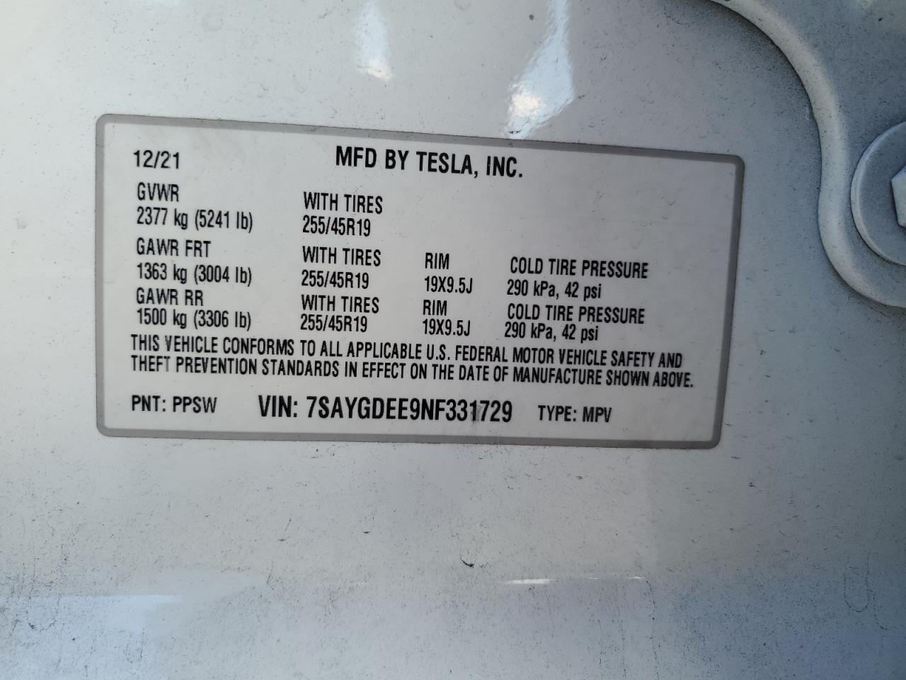 VIN 7SAYGDEE9NF331729 2022 TESLA MODEL Y no.13