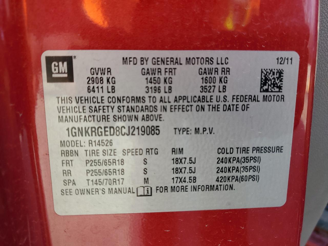 2012 Chevrolet Traverse Lt VIN: 1GNKRGED8CJ219085 Lot: 85645124