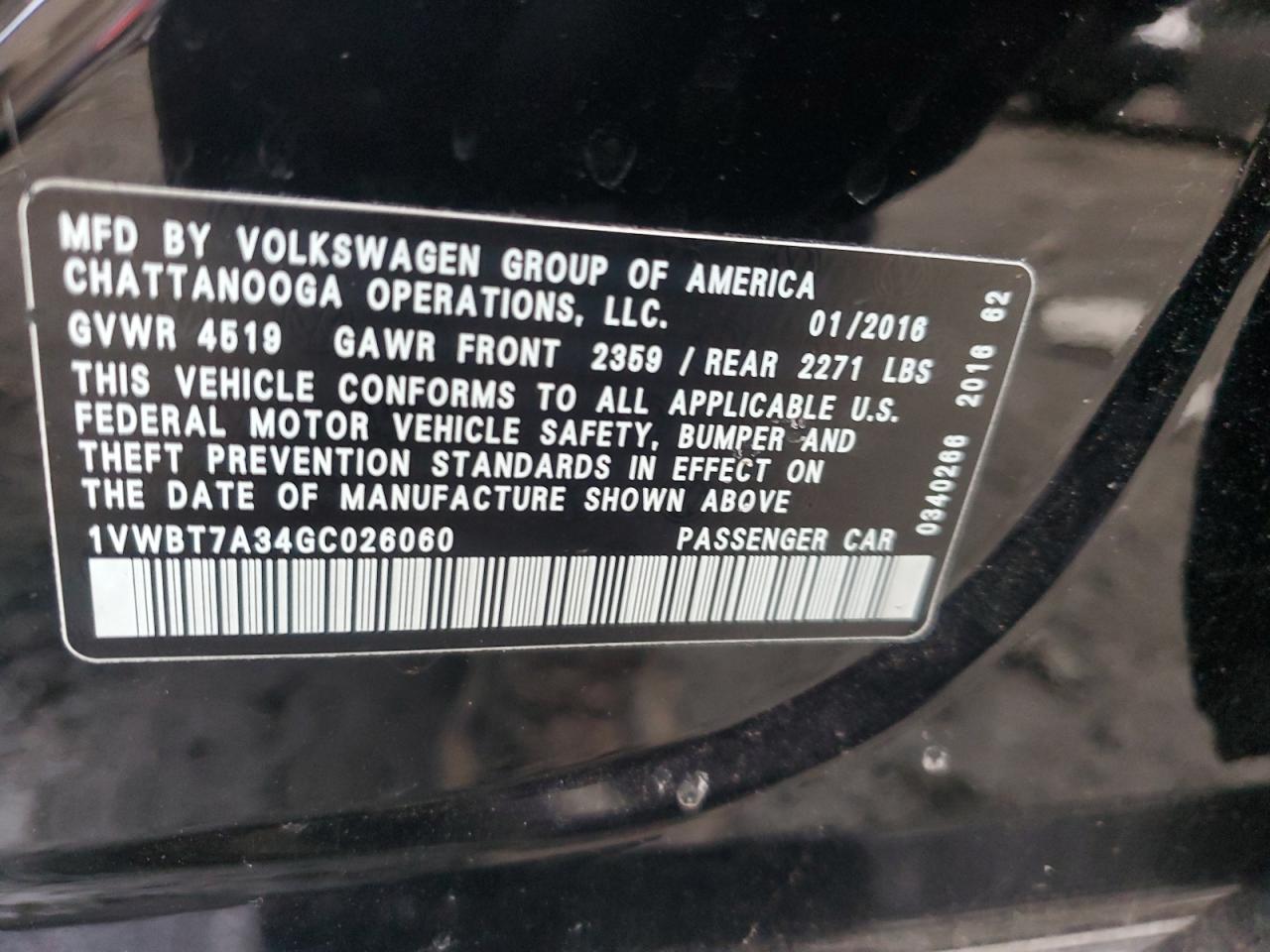 2016 Volkswagen Passat Se VIN: 1VWBT7A34GC026060 Lot: 85892554