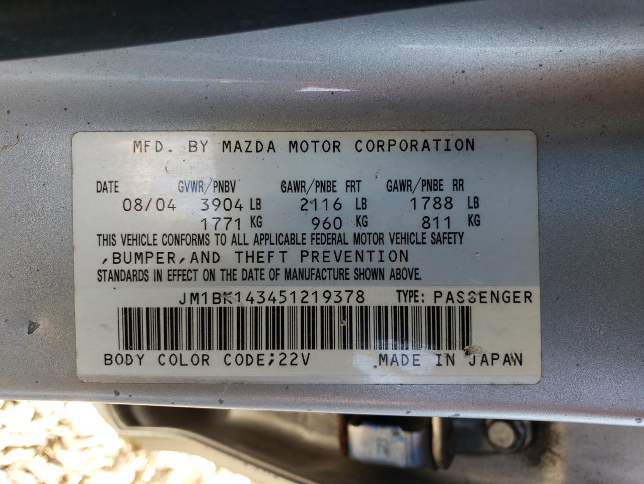 2005 Mazda 3 Hatchback VIN: JM1BK143451219378 Lot: 84452254
