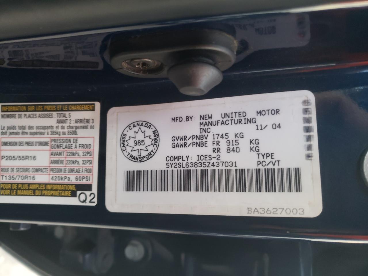 2005 Pontiac Vibe VIN: 5Y2SL63835Z437031 Lot: 86532134