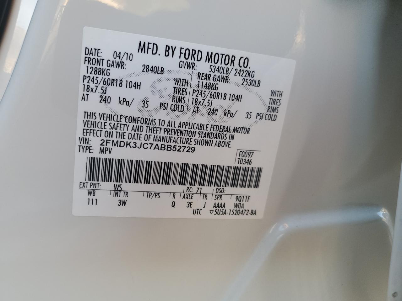 2010 Ford Edge Sel VIN: 2FMDK3JC7ABB52729 Lot: 85718354