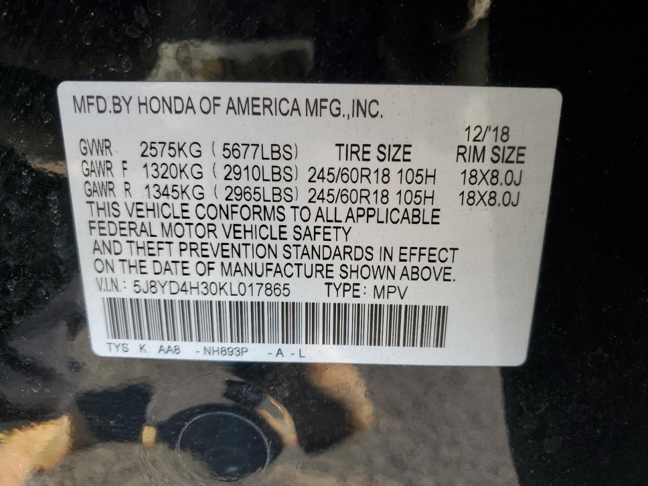 VIN 5J8YD4H30KL017865 2019 ACURA MDX no.13