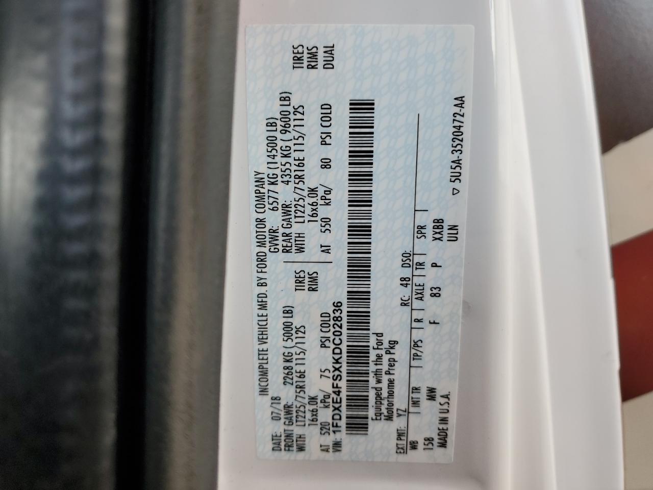 2019 Ford Econoline E450 Super Duty Cutaway Van VIN: 1FDXE4FSXKDC02836 Lot: 83396094