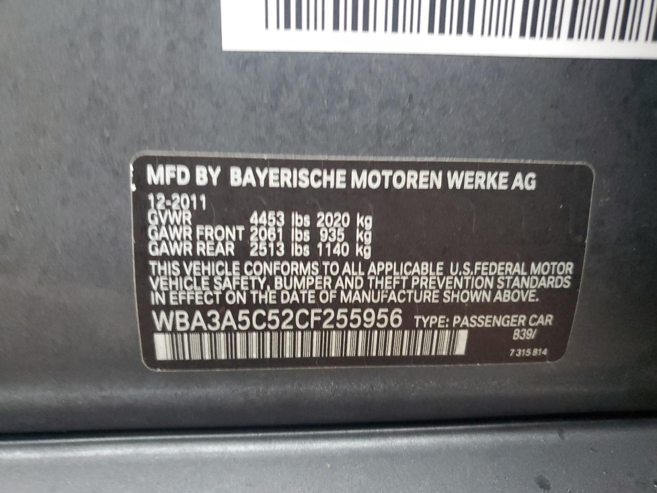 2012 BMW 328 I VIN: WBA3A5C52CF255956 Lot: 84403344