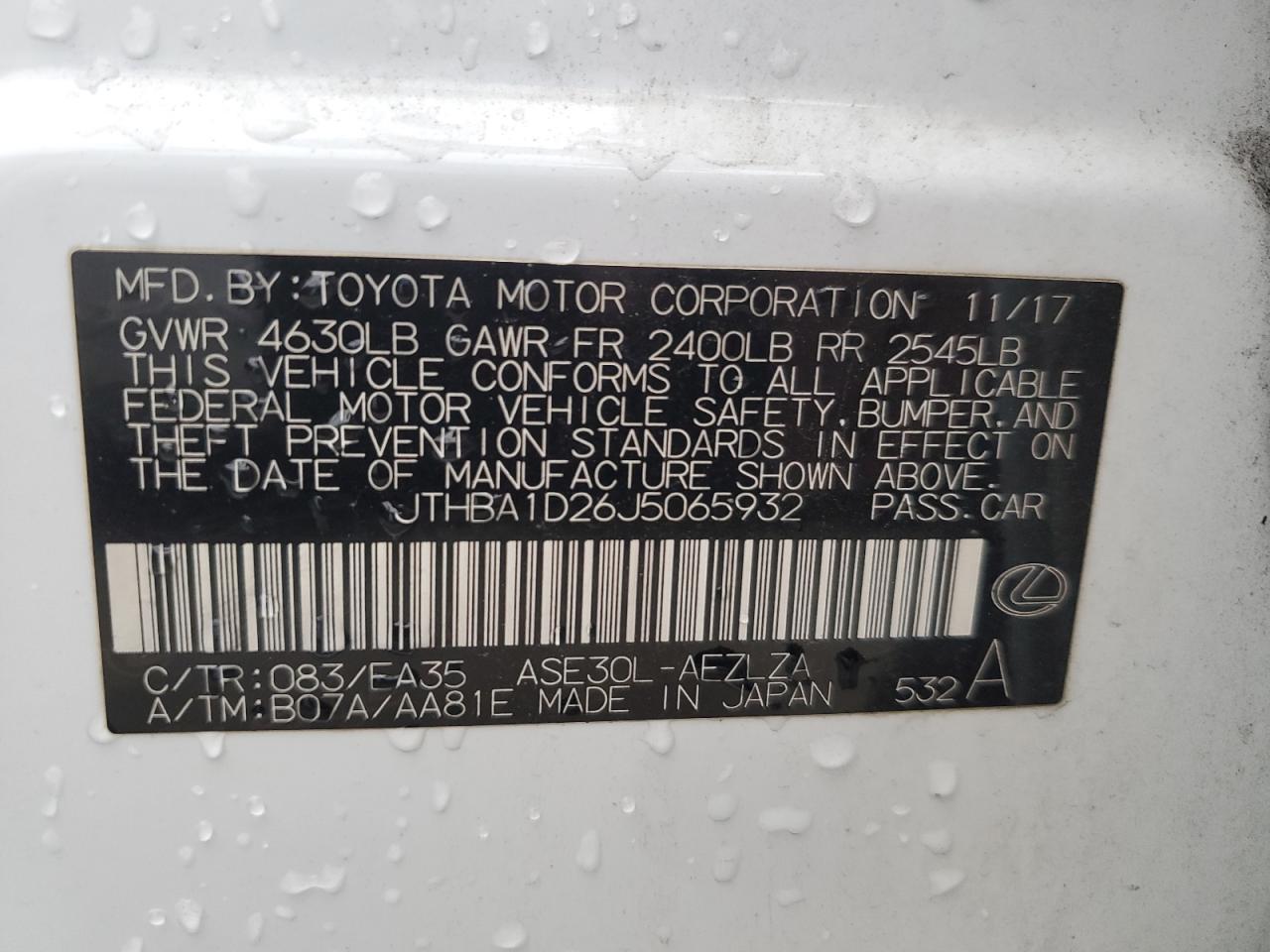 2018 Lexus Is 300 VIN: JTHBA1D26J5065932 Lot: 82838404