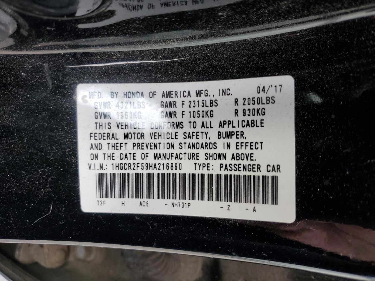 VIN 1HGCR2F59HA216860 2017 HONDA ACCORD no.12