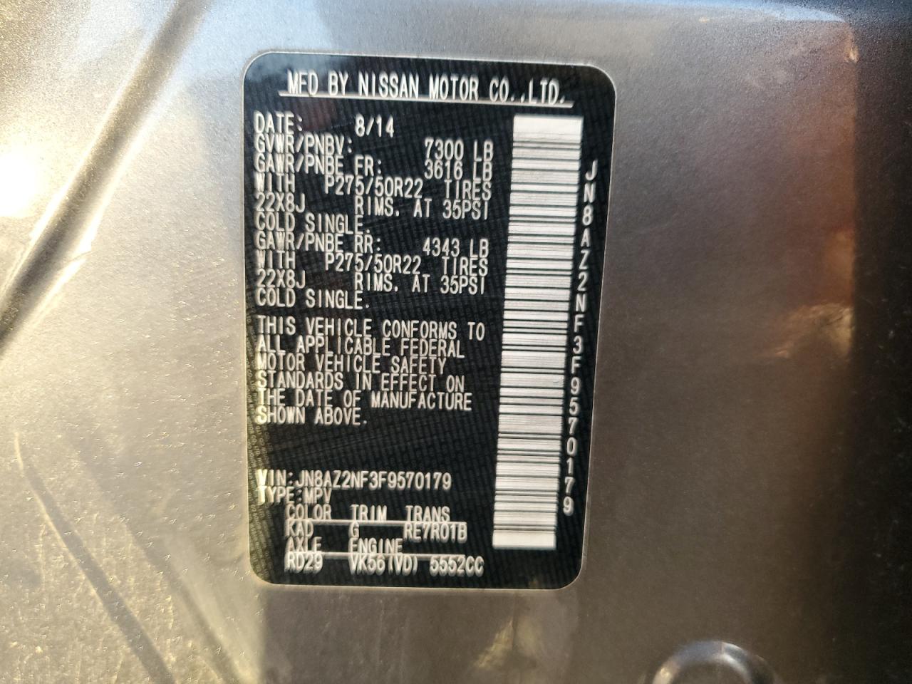 2015 Infiniti Qx80 VIN: JN8AZ2NF3F9570179 Lot: 87066004