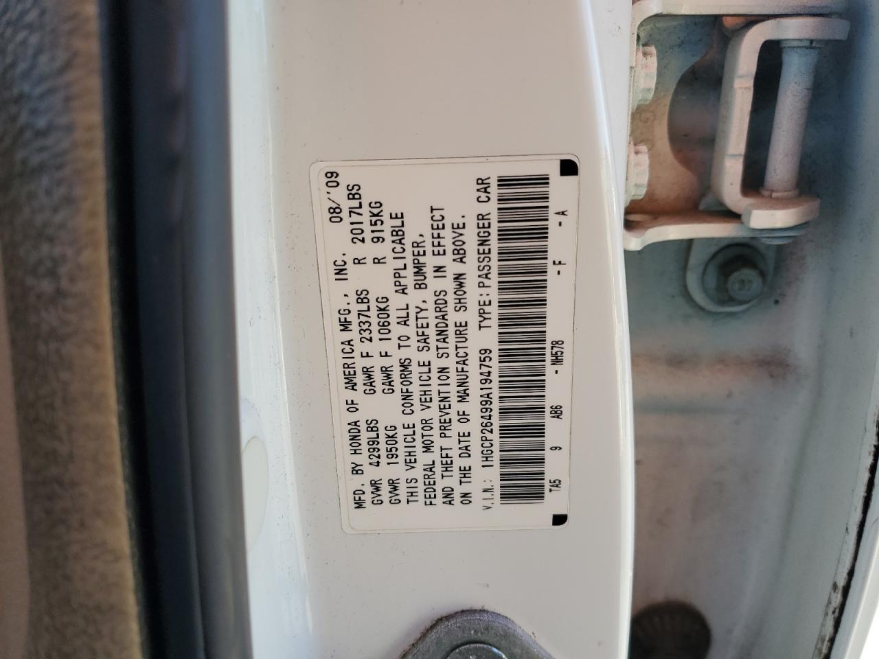 2009 Honda Accord Lxp VIN: 1HGCP26499A194759 Lot: 85856124