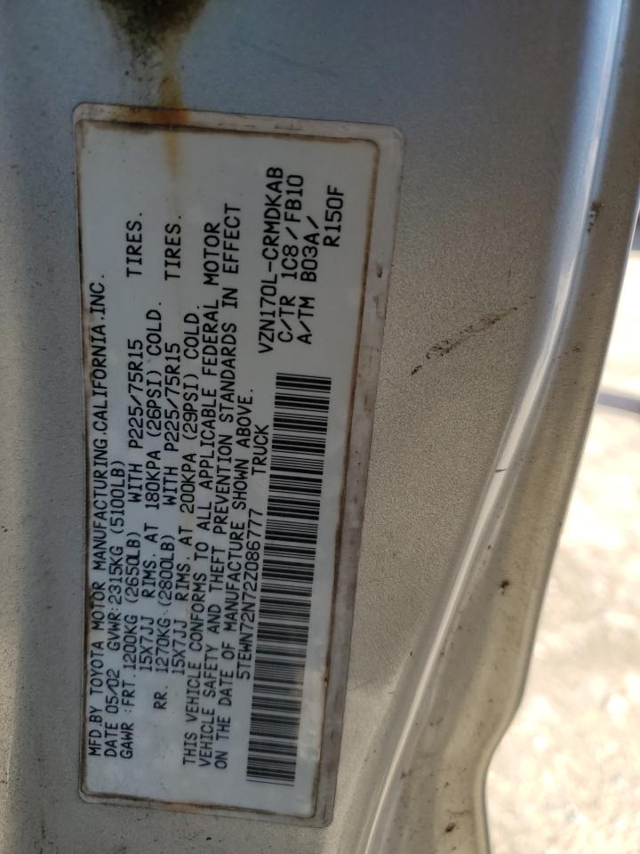 2002 Toyota Tacoma VIN: 5TEWN72N72Z086777 Lot: 83558664