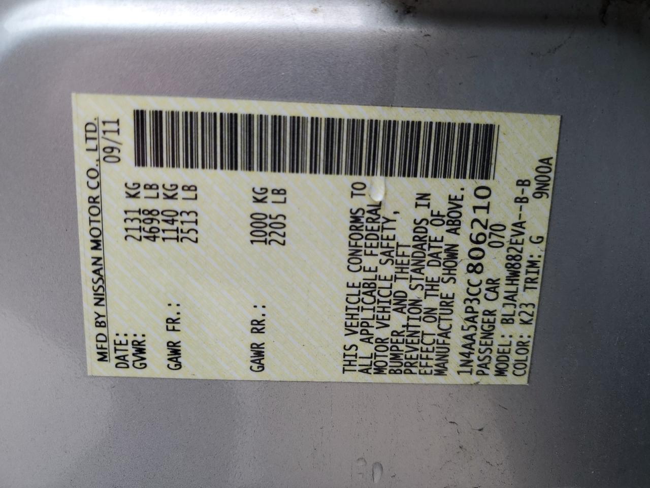 2012 Nissan Maxima S VIN: 1N4AA5AP3CC806210 Lot: 85253814