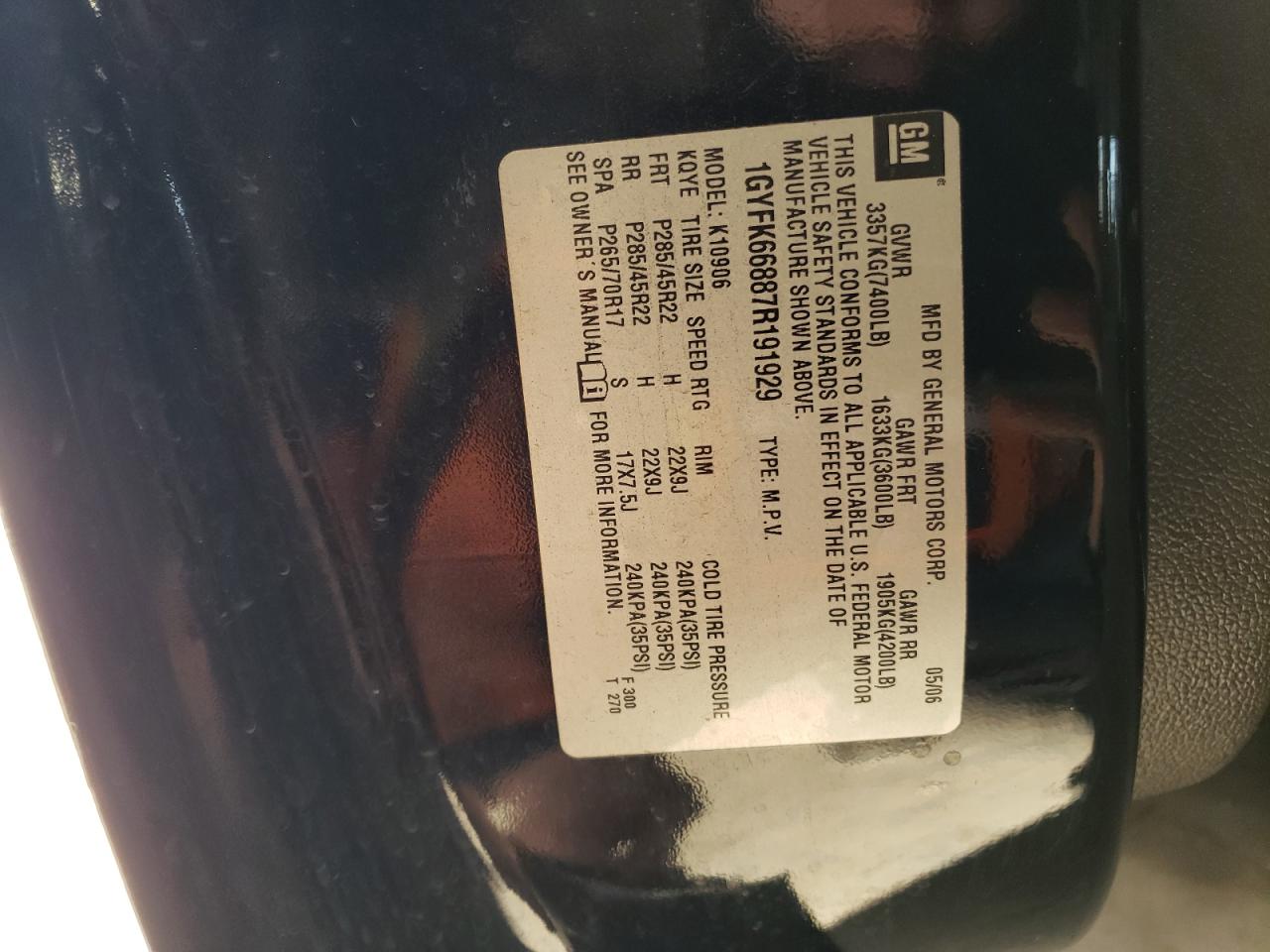 2007 Cadillac Escalade Esv VIN: 1GYFK66887R191929 Lot: 84308504