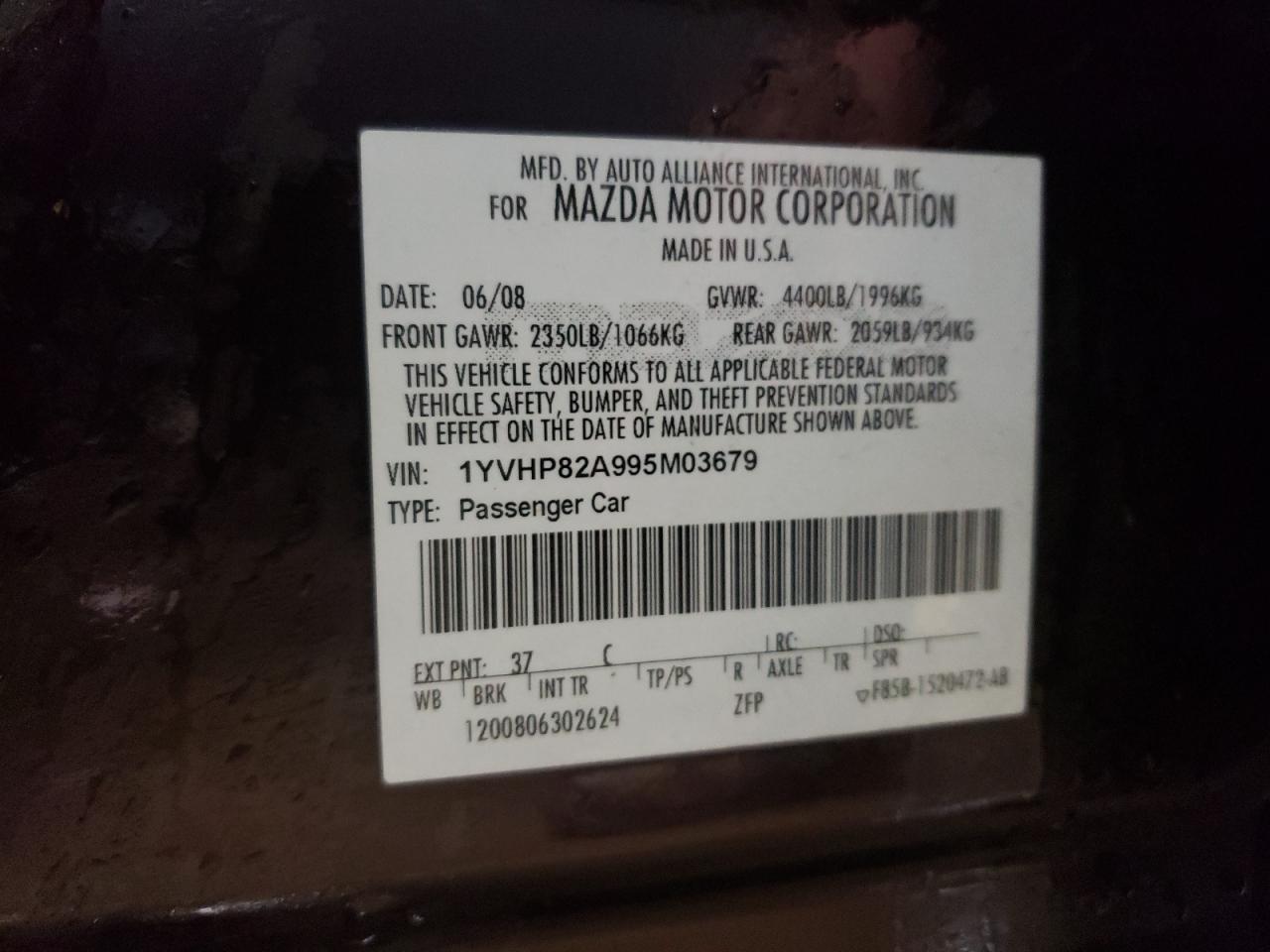 2009 Mazda 6 I VIN: 1YVHP82A995M03679 Lot: 85586814