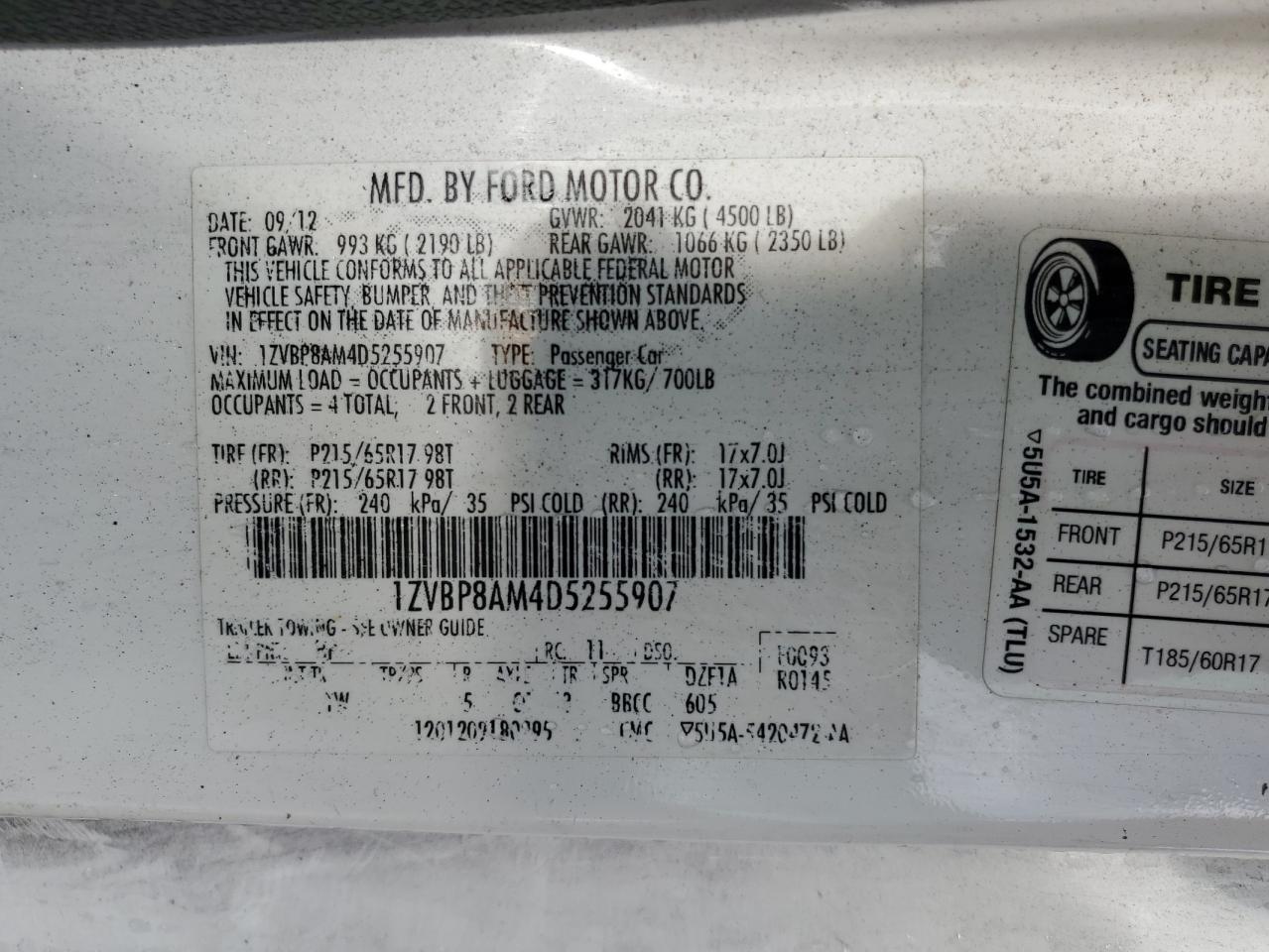 VIN 1ZVBP8AM4D5255907 2013 FORD ALL Models no.12