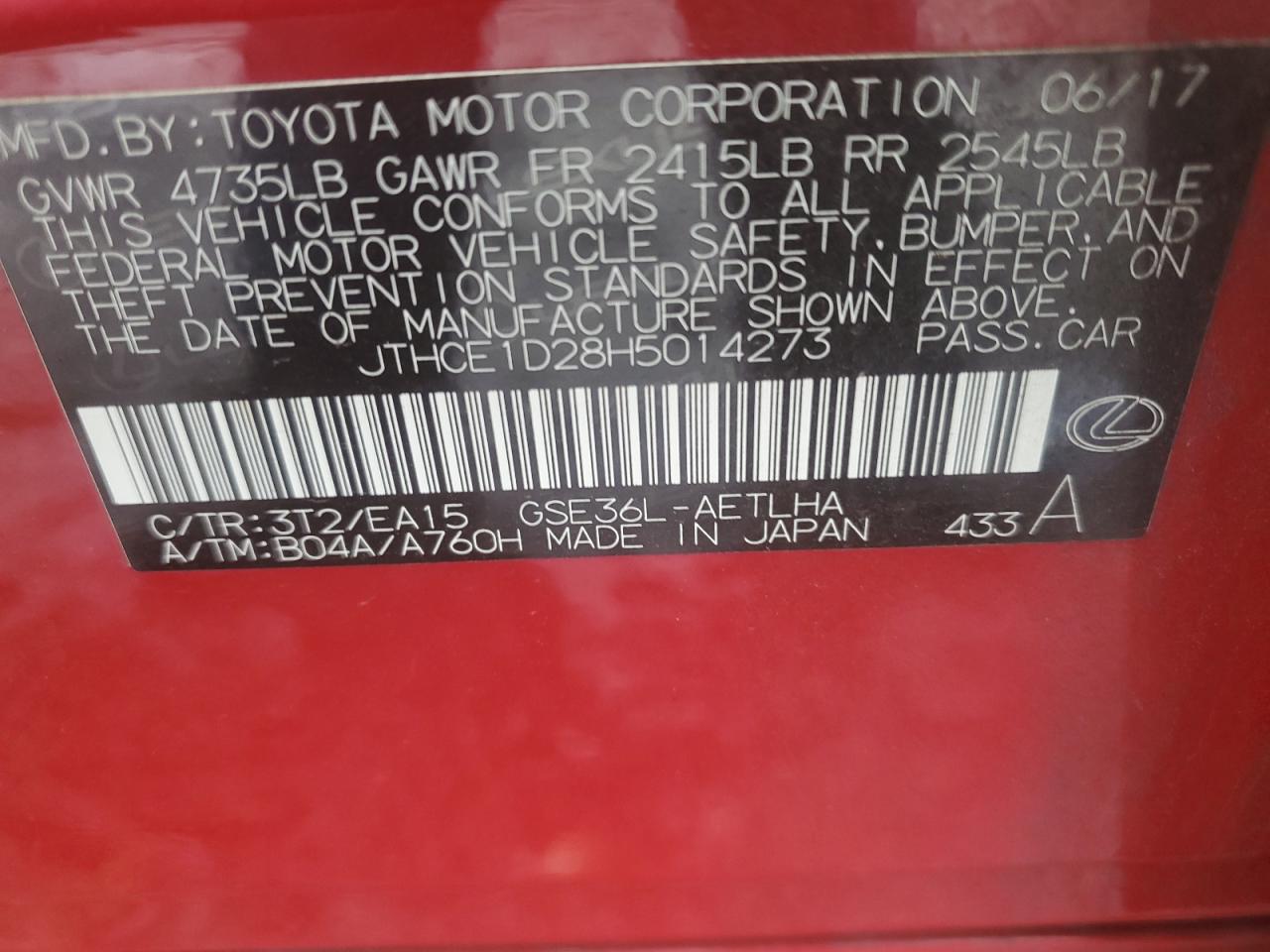 2017 Lexus Is 350 VIN: JTHCE1D28H5014273 Lot: 85163664