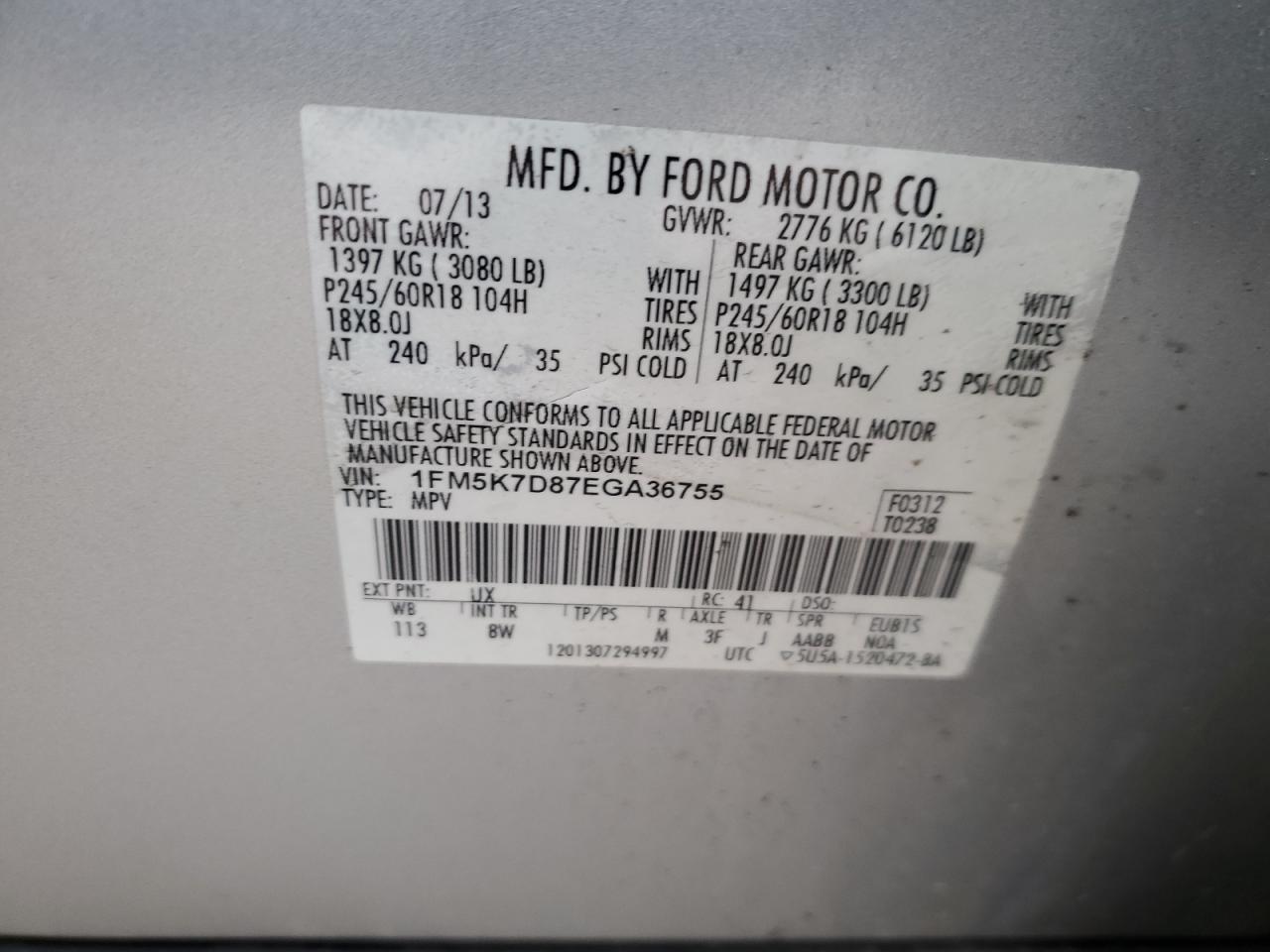 FORD EXPLORER 2014 VIN 1FM5K7D87EGA36755 фото 13
