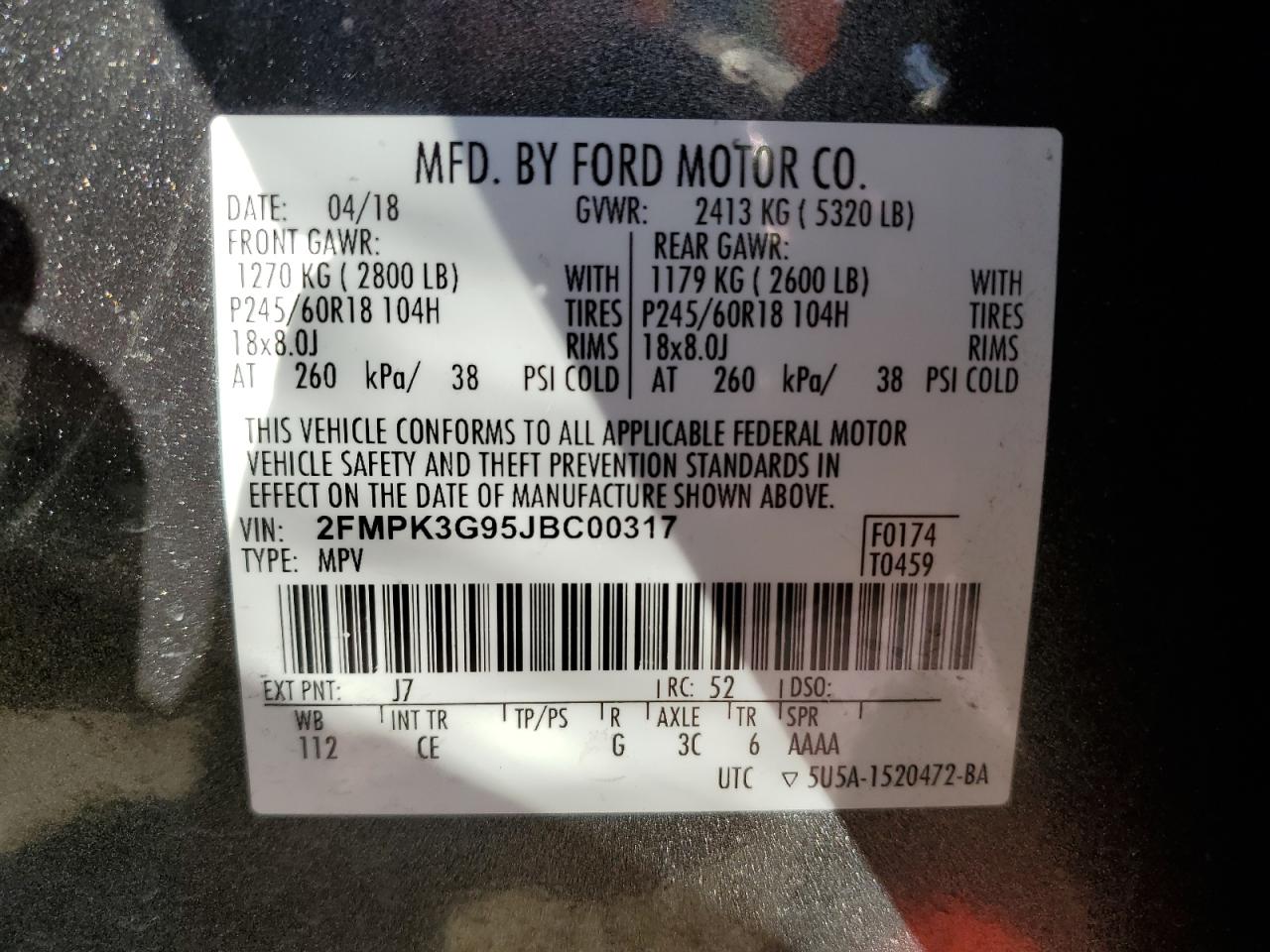 VIN 2FMPK3G95JBC00317 2018 FORD EDGE no.13